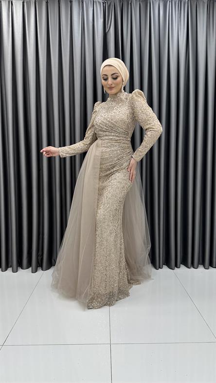 4784 H - NİSA Karpuz Kollu ve Ek Parça Tül Etek Detaylı Boncuklu Tül Abiye Elbise-Gold Rengi