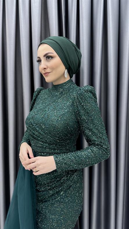 4784 H - NİSA Karpuz Kollu ve Ek Parça Tül Etek Detaylı Boncuklu Tül Abiye Elbise-Zümrüt