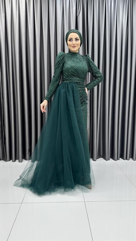 4784 H - NİSA Karpuz Kollu ve Ek Parça Tül Etek Detaylı Boncuklu Tül Abiye Elbise-Zümrüt