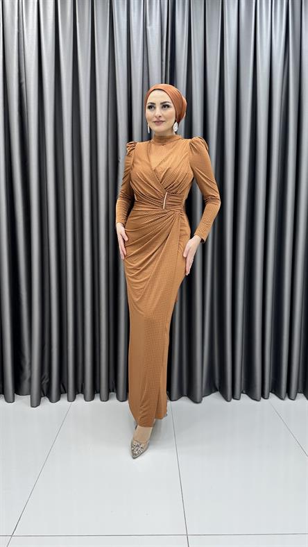 4787 H - ASRIN Drape Görünümlü ve Karpuz Kollu Sandy Kumaş Abiye Elbise-camel