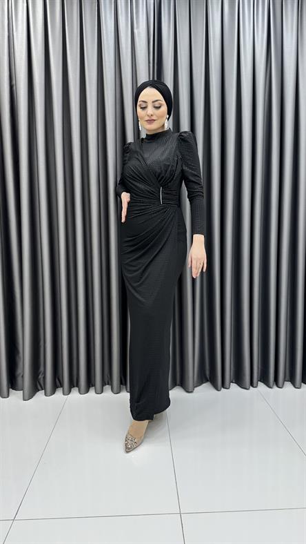 4787 H - ASRIN Drape Görünümlü ve Karpuz Kollu Sandy Kumaş Abiye Elbise-Siyah