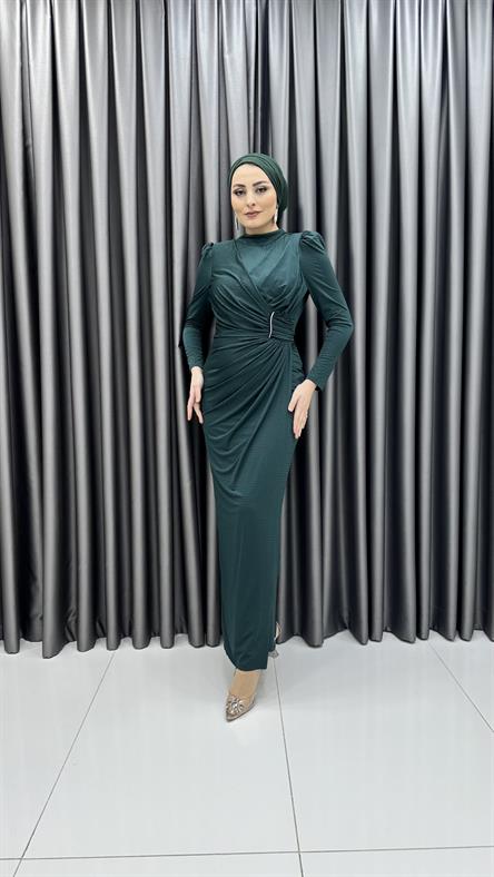 4787 H - ASRIN Drape Görünümlü ve Karpuz Kollu Sandy Kumaş Abiye Elbise-Zümrüt