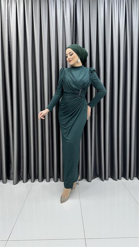 4787 H - ASRIN Drape Görünümlü ve Karpuz Kollu Sandy Kumaş Abiye Elbise-Zümrüt