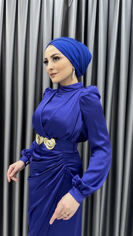 4789 H - MİLLİE Balon Kol ve Kemer Detaylı Saten Abiye Elbise-Saks Mavi