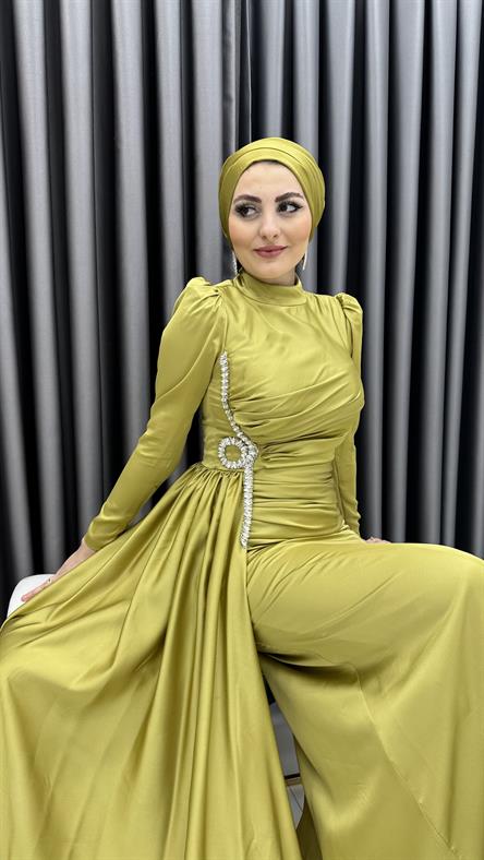 4790 H - UMAY Ek Parça ve Taş İşleme Detaylı Saten Abiye Elbise-Yağ Yeşili