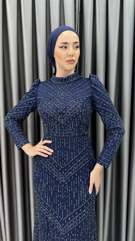 4793 H - AKEL Karpuz Kollu ve Boncuk İşlemeli Tül Abiye Elbise-Lacivert