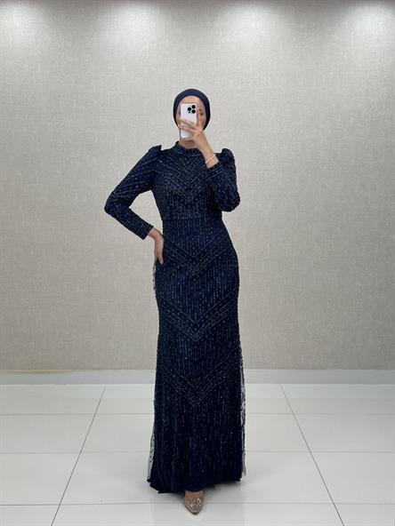 4793 H - AKEL Karpuz Kollu ve Boncuk İşlemeli Tül Abiye Elbise-Lacivert