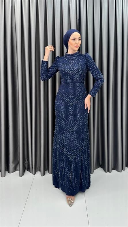 4793 H - AKEL Karpuz Kollu ve Boncuk İşlemeli Tül Abiye Elbise-Lacivert