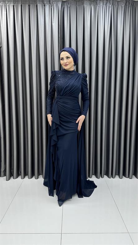 4796 H - SERRA Boncuk İşlemeli ve Pelerin Etek Detaylı Şifon Abiye Elbise-Lacivert