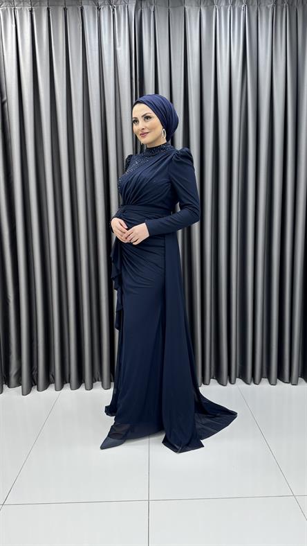 4796 H - SERRA Boncuk İşlemeli ve Pelerin Etek Detaylı Şifon Abiye Elbise-Lacivert