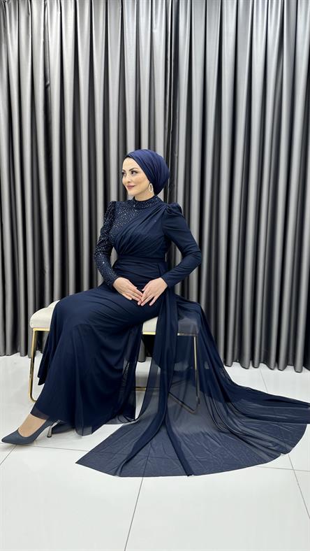 4796 H - SERRA Boncuk İşlemeli ve Pelerin Etek Detaylı Şifon Abiye Elbise-Lacivert