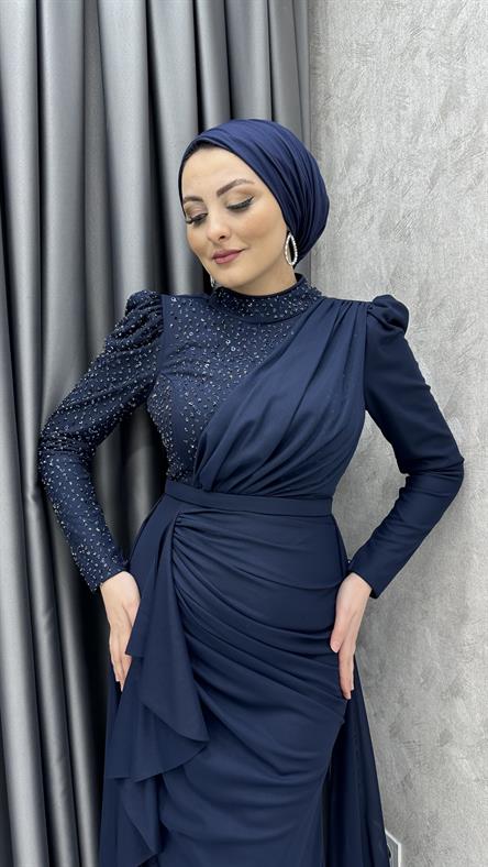 4796 H - SERRA Boncuk İşlemeli ve Pelerin Etek Detaylı Şifon Abiye Elbise-Lacivert