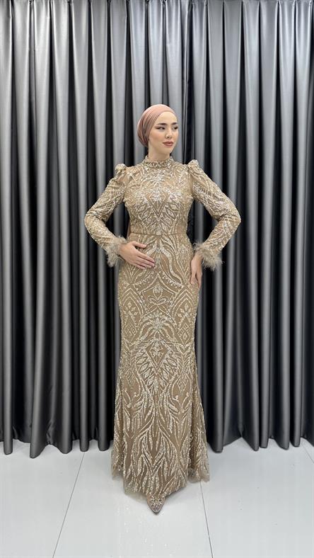 4798 H - ÇİLAY Bileklerinde Tüy Detaylı Balık Kesim Boncuklu Tül Abiye Elbise-Vizon