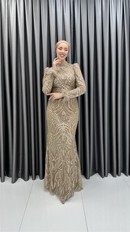 4798 H - ÇİLAY Bileklerinde Tüy Detaylı Balık Kesim Boncuklu Tül Abiye Elbise-Vizon