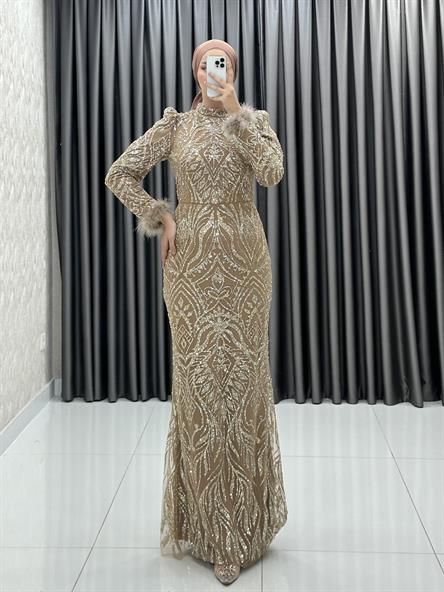 4798 H - ÇİLAY Bileklerinde Tüy Detaylı Balık Kesim Boncuklu Tül Abiye Elbise-Vizon