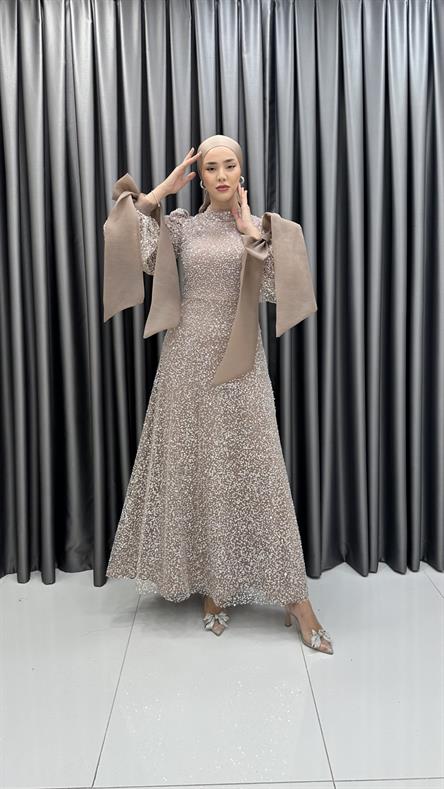 4799 H - TALYA Fiyonklu Balon Kol Detaylı Boncuklu Tül Abiye Elbise-Bisküvi