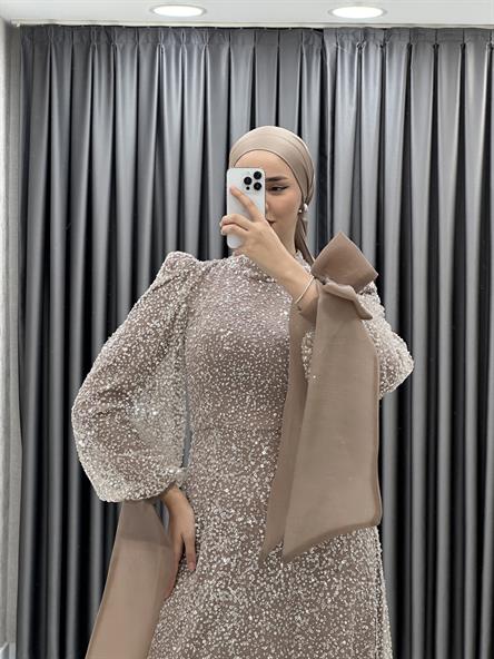 4799 H - TALYA Fiyonklu Balon Kol Detaylı Boncuklu Tül Abiye Elbise-Bisküvi