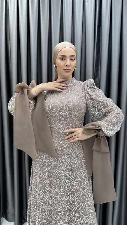 4799 H - TALYA Fiyonklu Balon Kol Detaylı Boncuklu Tül Abiye Elbise-Bisküvi