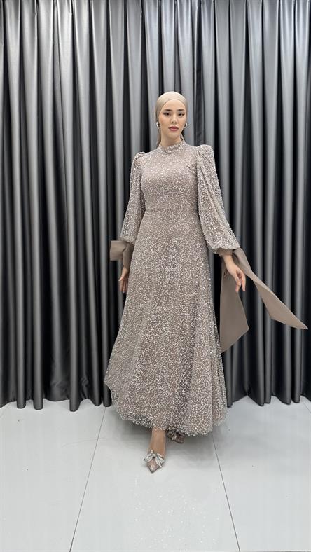 4799 H - TALYA Fiyonklu Balon Kol Detaylı Boncuklu Tül Abiye Elbise-Bisküvi