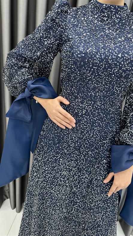 4799 H - TALYA Fiyonklu Balon Kol Detaylı Boncuklu Tül Abiye Elbise-Lacivert
