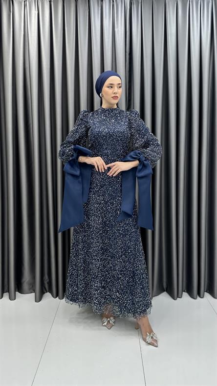 4799 H - TALYA Fiyonklu Balon Kol Detaylı Boncuklu Tül Abiye Elbise-Lacivert