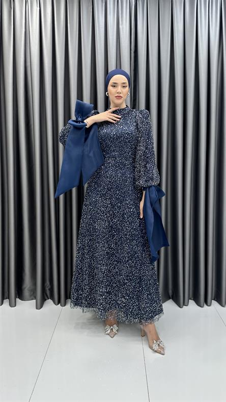 4799 H - TALYA Fiyonklu Balon Kol Detaylı Boncuklu Tül Abiye Elbise-Lacivert