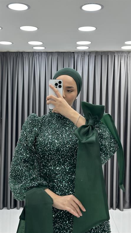 4799 H - TALYA Fiyonklu Balon Kol Detaylı Boncuklu Tül Abiye Elbise-Zümrüt