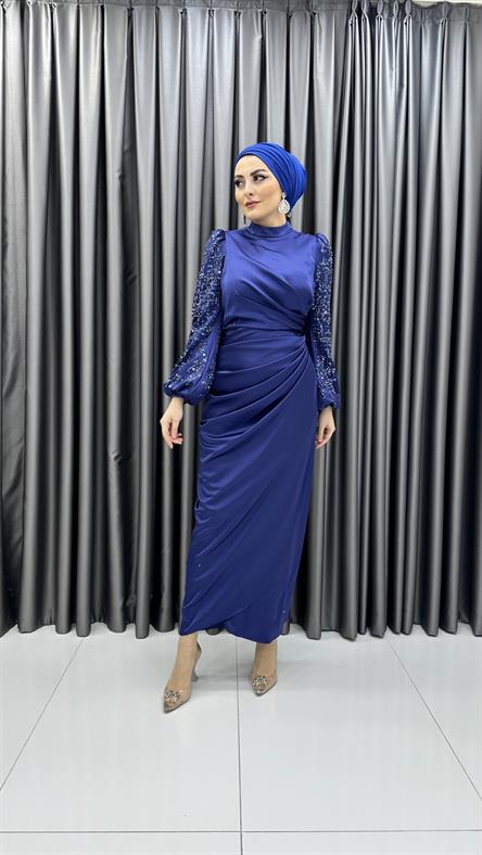 4802 H - NİLHAN Boncuk İşlemeli Balon Kol Detaylı Drapeli Saten Abiye Elbise-Saks Mavi