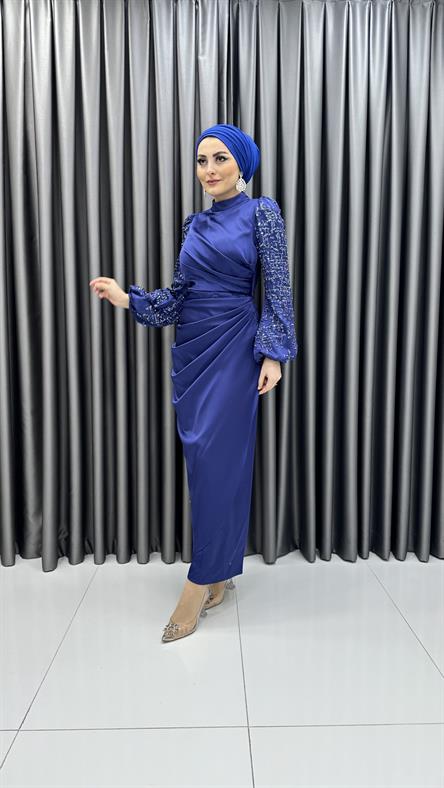 4802 H - NİLHAN Boncuk İşlemeli Balon Kol Detaylı Drapeli Saten Abiye Elbise-Saks Mavi