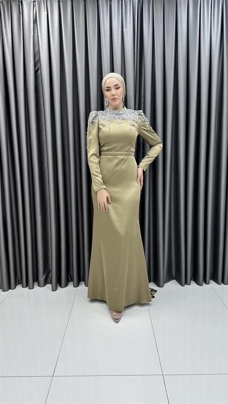 4803 H - AHUSE Taş İşlemeli ve Kemer Detaylı Hafif Balık Kesim Saten Abiye Elbise-Yağ Yeşili