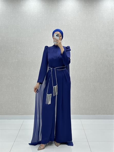 4816 H - MERVE Belden Bağlama ve Pelerin Detaylı Pantolonlu Saten Abiye-Saks Mavi