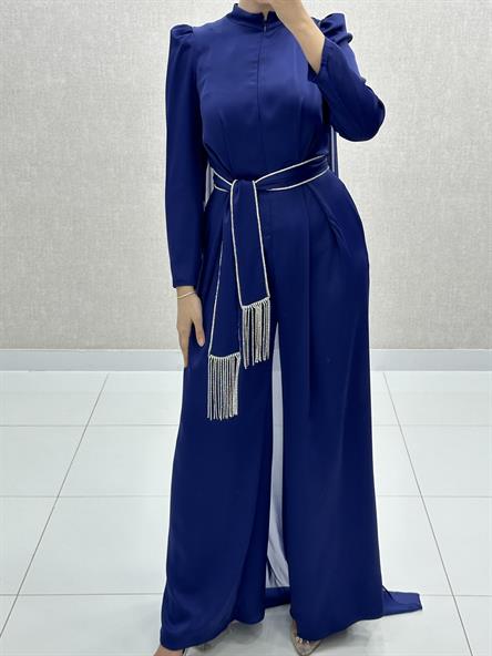 4816 H - MERVE Belden Bağlama ve Pelerin Detaylı Pantolonlu Saten Abiye-Saks Mavi