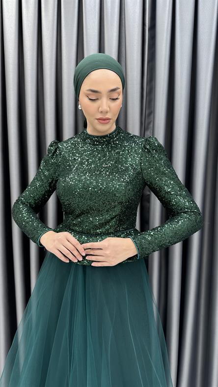 4832 H - ALEV Pul Payet Üst ve Tül Etek Detaylı Abiye Elbise-Zümrüt