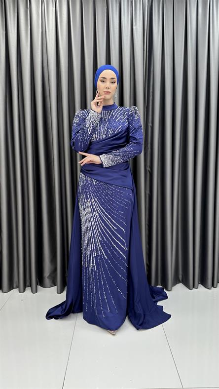 4837 H - HARİKA Boncuk İşlemeli ve Pelerin Etekli Saten Abiye Elbise-Saks Mavi