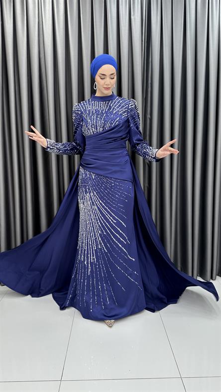 4837 H - HARİKA Boncuk İşlemeli ve Pelerin Etekli Saten Abiye Elbise-Saks Mavi