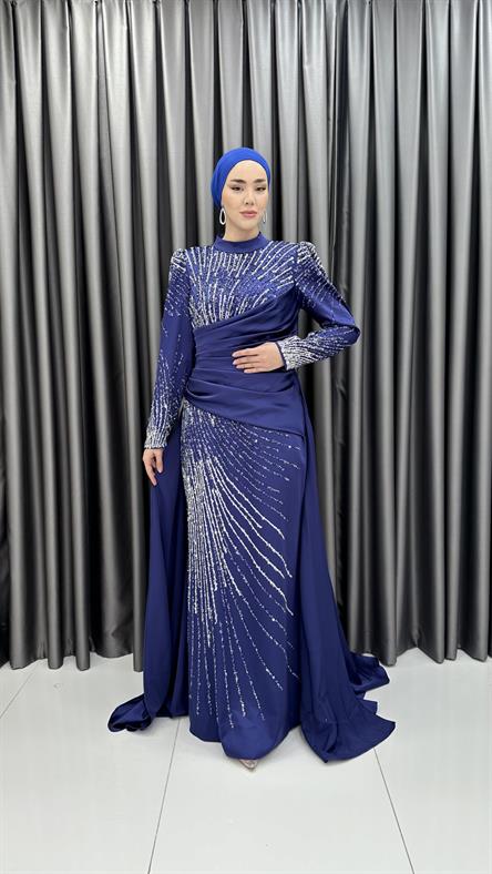 4837 H - HARİKA Boncuk İşlemeli ve Pelerin Etekli Saten Abiye Elbise-Saks Mavi