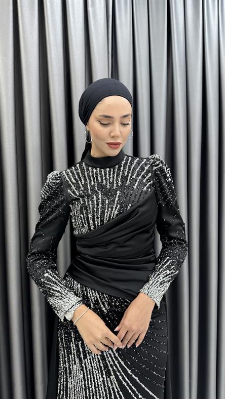 4837 H - HARİKA Boncuk İşlemeli ve Pelerin Etekli Saten Abiye Elbise-Siyah