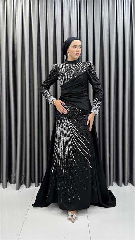 4837 H - HARİKA Boncuk İşlemeli ve Pelerin Etekli Saten Abiye Elbise-Siyah