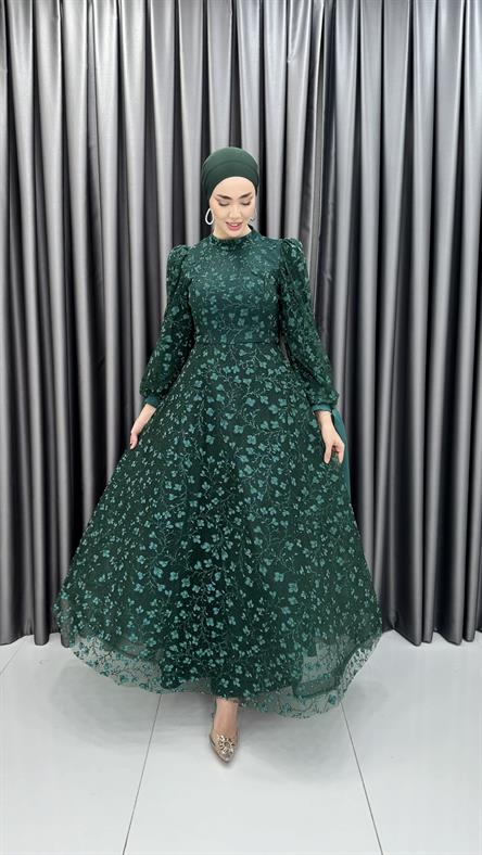 4852 H - BELKIS Balon Kollu ve Bağlamalı Manşet Detaylı Simli Tül Abiye Elbise-Zümrüt