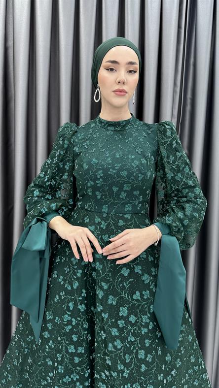 4852 H - BELKIS Balon Kollu ve Bağlamalı Manşet Detaylı Simli Tül Abiye Elbise-Zümrüt