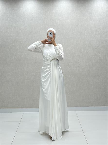 4854 H - HEVES Bel Drapeli ve Ek Parça Etek Detaylı Saten Abiye Elbise-Beyaz