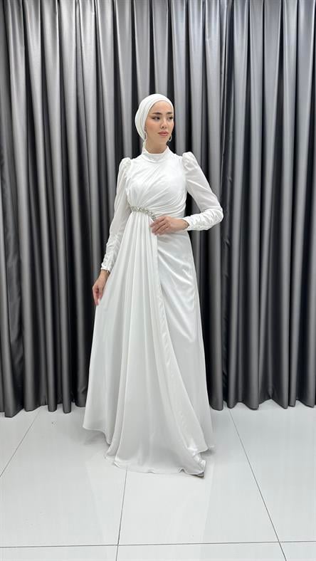 4854 H - HEVES Bel Drapeli ve Ek Parça Etek Detaylı Saten Abiye Elbise-Beyaz