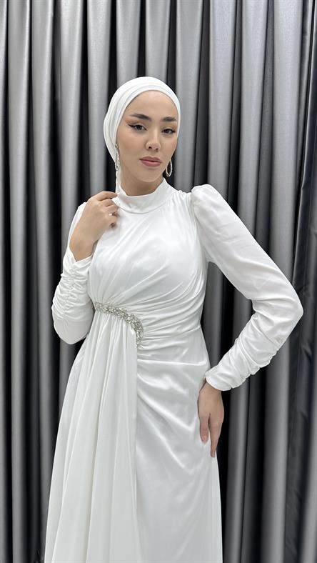 4854 H - HEVES Bel Drapeli ve Ek Parça Etek Detaylı Saten Abiye Elbise-Beyaz