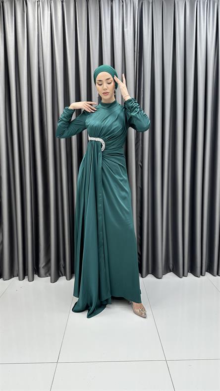 4854 H - HEVES Bel Drapeli ve Ek Parça Etek Detaylı Saten Abiye Elbise-Zümrüt