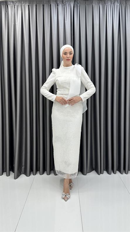 4883 H Abiye Elbise-Beyaz