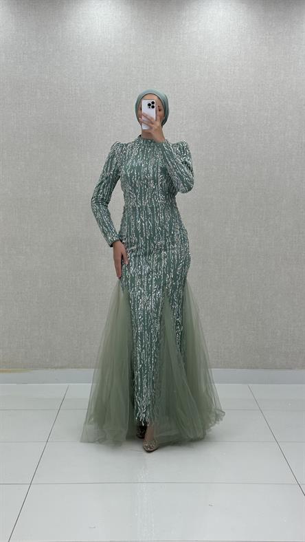 4885 H - BERFU Balık Kesim Boncuklu Tül Abiye Elbise-Mint