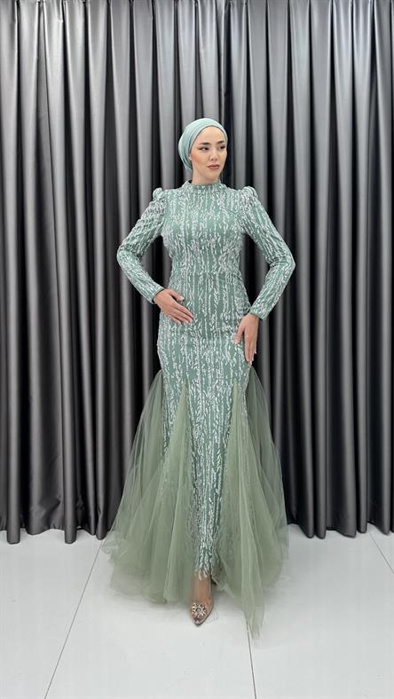 4885 H - BERFU Balık Kesim Boncuklu Tül Abiye Elbise-Mint
