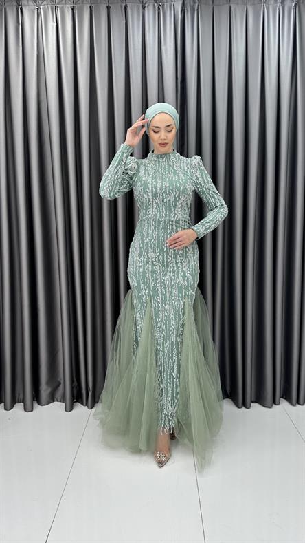 4885 H - BERFU Balık Kesim Boncuklu Tül Abiye Elbise-Mint