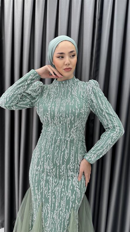 4885 H - BERFU Balık Kesim Boncuklu Tül Abiye Elbise-Mint