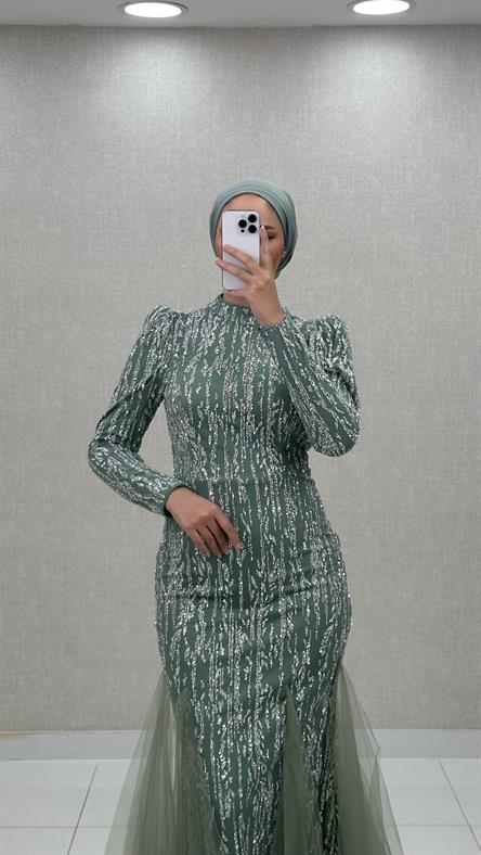 4885 H - BERFU Balık Kesim Boncuklu Tül Abiye Elbise-Mint